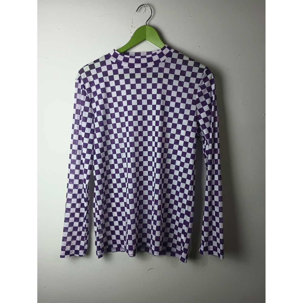 Sterling Kreek Womens Purple White Checkered Mesh Mock Neck Long Sleeve Top L